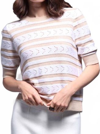 Minnie Rose Cotton Cashmere Striped Pointelle Short Sleeve Crew Top In Brown Sugar/white