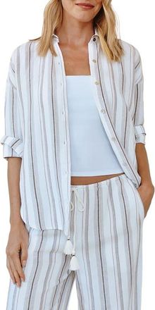 Bella Dahl Stripe Oversize Linen Blend Button-Up Shirt in Rosewood Stripe at Nordstrom, Size X-Large