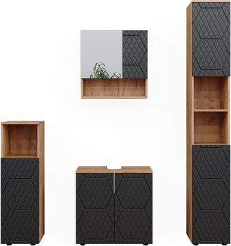 Vicco Conjunto De Muebles De Ba&ntilde;o Irma, Rayas Antracita, 4 Piezas, Con Mueble Alto