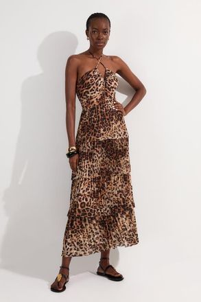 Karen Millen Tiered Halterneck Midi Dress in Animal at Nordstrom, Size 10