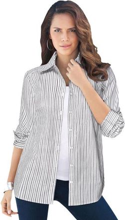 Roaman's Plus Size Kate Long Sleeve Easy Cotton-Blend Button-Front Shirt in Black Stripe at Nordstrom, Size 34