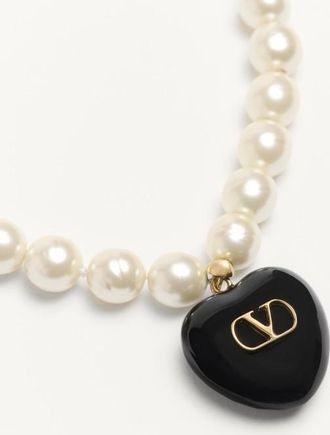 Valentino Garavani Collana Coeur Royal In Metallo, Smalto E Perle Donna ORO/NERO/CREMA UNI