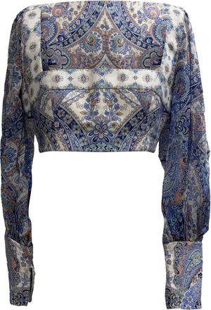 Zimmermann Paisley-Print Long Sleeve Cropped Top in Multicolor Linen