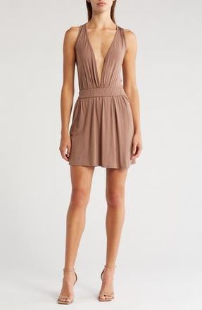Go Couture Plunge Neck Knit Minidress in Mocha at Nordstrom Rack, Size X-Large