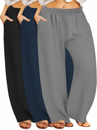 Generic Plus Size Womens High Waisted Wide Leg Yoga Pants with Pockets - 3 Pack Soft Stretch Lounge Workout Pants for Casual, Travel & Active Wear (UK, Alpha,