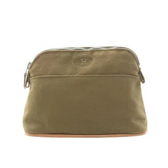 Herm&egrave;s Khaki Canvas Leather Pouch (Pre-Owned)