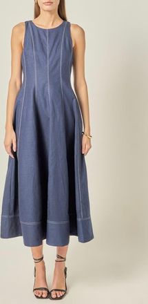 English Factory Stitch Detail Linen Midi Dress in Navy at Nordstrom, Size X-Small