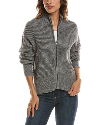 Fort&eacute; Cashmere Rib Zip Mock Neck 100% Cashmere Cardigan