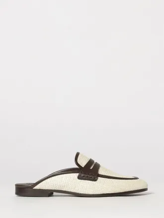 Brunello Cucinelli Flat Mules in Bicolour Raffia and Leather with Penny Bar