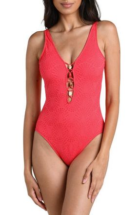 La Blanca Shellbound Plunge One-Piece Swimsuit in Guava at Nordstrom, Size 14