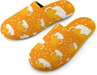 Generic Beer Mugs Pattern Flannel Mens Slip-on Slippers Winter Warm House Shoes with Rubber Sole for Home Hotel