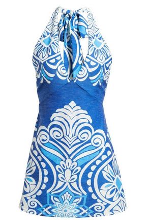 Flying Tomato Print Plunge Halter Neck Minidress in Blue at Nordstrom, Size Medium