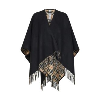 Burberry Reversible Check Wool Cape - female - Burberry - Ponchos - Black - ONE SIZE - Jackets
