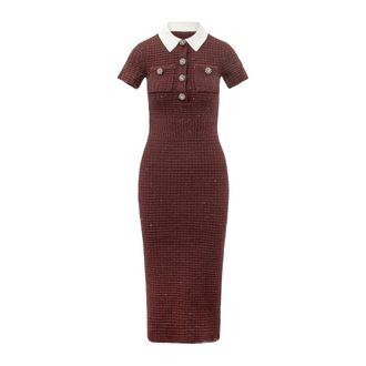 Self Portrait Textured Knit Midi Jurk - Dames - Jurken - Bruin - Maat: L Katoen