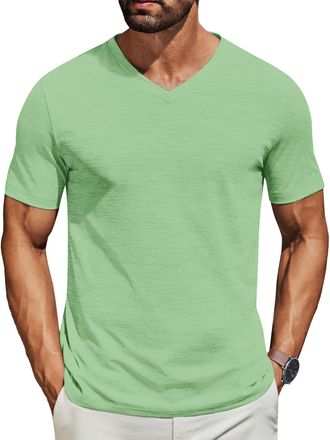 Generic Mens V-Neck Short Sleeve T-Shirts Plain Solid Color Casual Basic Tees 1/3/5 Pack Multipack Soft Breathable Summer Tops Green