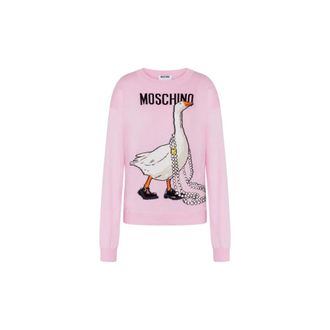 Moschino Goose Pure Cotton Pullover - female - Moschino - Round-neck Knitwear - Pink - 2XL - Knitwear