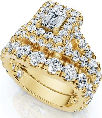 Pompeii3 4Ct TW Emerald Cut Halo Diamond Engagement Wedding Ring Set Lab Grown Gold