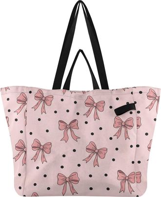 Generic Bow Dots Pink pattern Reusable Canvas Tote Bag, Heavy Duty Grocery Shopping Bag with Hard Bottom Double Handles Large Capacity Work Groceries Travel