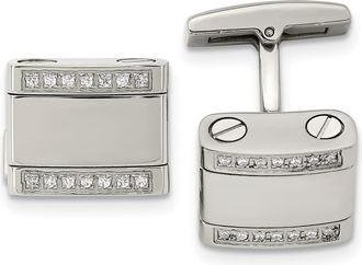Diamond2Deal Stainless Steel Polished Cubic Zirconia Rounded Square Cufflinks