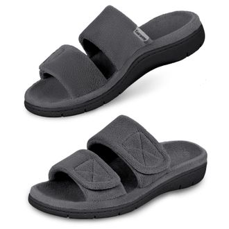 Garonne Womens Dual Strap Adjustable Open Toe Slippers with Arch Support Summer House Shoes for Women Indoor/Outdoor, Grey Dark, 6.5 UK