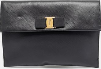 Ferragamo Grey Leather Vara Bow Flat Clutch