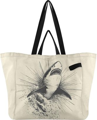 Generic Shark Water Splash Beige pattern Reusable Canvas Tote Bag, Heavy Duty Grocery Shopping Bag with Large Capacity Double Handles Hard Bottom Work Groceri