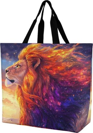 Generic Male Lion Sunset Reusable Shopping Bags One Shoulder Grocery Tote Bag Waterproof Big Purse for Work Travel