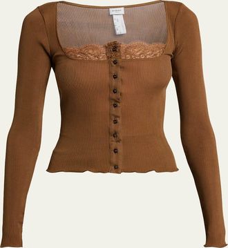 Saint Laurent Lace-Trim Button-Front Silk Rib Long-Sleeve Top