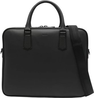 HUGO BOSS Tassen, Heren, Zwart, ONE Size, Leer, Leren Laptoptas