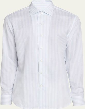 Brioni Mens Lyocell and Cotton Pinstripe Sport Shirt