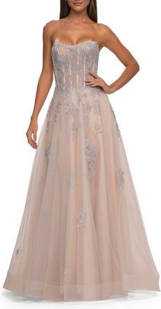 La Femme Tulle A-line Prom Dress with Gorgeous Rhinestone Lace Applique in Blush at Nordstrom, Size 00