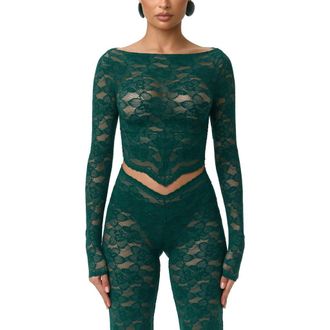 Naked Wardrobe Lace Crop Top in Pine Green at Nordstrom, Size X-Large