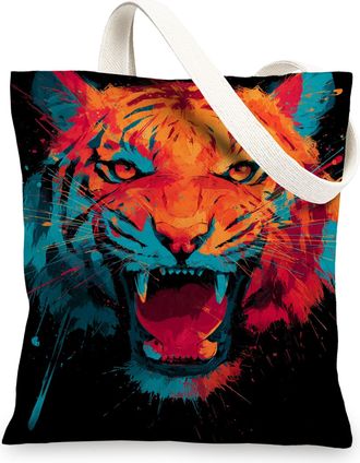 Generic Bold Artistic Canvas Tote Bags, Tiger Print Reusable Grocery Bags, Lightweight Washable Shoulder Strap Canvas Bags for Gym, Black, 13x15 Inch