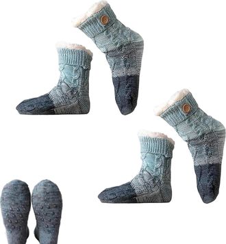 Generic Knitted Ultra-thick Slipper Home Socks, Non-Slip and Fluffy Warm Winter Socks, Tri-color Patchwork Cashmere Sock for Women (2BLUE)