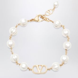 Valentino Garavani Bracciale VLogo Signature in metallo e perle oro/crema