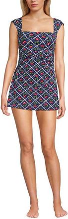 Lands End Chlorine Resistant Square Neck Ruched Swim Dress One Piece Swimsuit in Cherries/deep Sea Navy Plaid at Nordstrom, Size 26W
