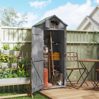 OUTSUNNY Wooden Garden Storage Shed Tool Storage Box, 77 x 54 x 179 cm in Grey