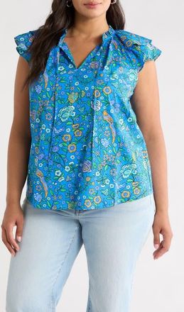 Sugarlips Floral Ruffle Cap Sleeve Top in Blue-Greens at Nordstrom, Size 2 X