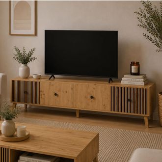 Dmora Mueble Para Tv Lileza, 2 Estantes, 2 Puertas, Puertas Efecto Rayado, 180x42x45h Cm Marr&oacute;n Roble Nodos