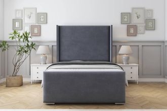 Sloomy Devonshire Plush Bed Frame With 50 Upholstered Wingback Headboard in Dark Grey | Size: Small Single