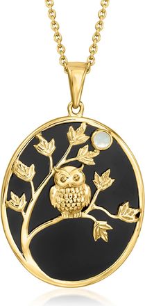 Ross-Simons Onyx and Mother-Of-Pearl Owl Pendant Necklace in 18kt Gold Over Sterling