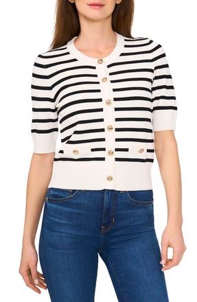 CeCe by Cynthia Steffe Stripe Short Sleeve Cardigan with Goldtone Buttons in Antique White at Nordstrom, Size X-Large