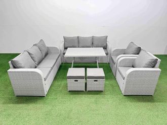 Fimous Rattan High Back Lounge Sofa Set with Reclining Chairs 2 Small Stool in Light Grey