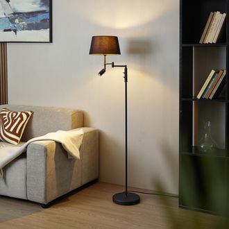 QAZQA Retro/vintage L&aacute;mpara De Pie Negra Con Pantalla Negra Y Luz De Lectura Regulable - Ladas Acero /textil Alargada Adecuado Para Led Max. 1 X 40 Watt - Q