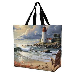 Generic Sea Lighthouse Sandbeach Handbag Durable Shopping Bag Portable Tote Bags For Camping Travel Beach