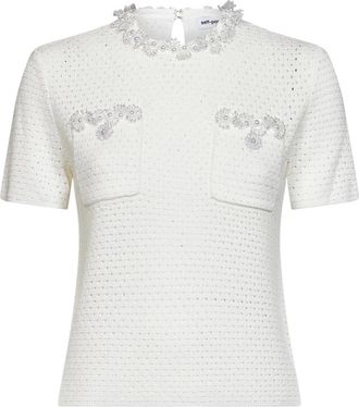 Self Portrait Knit Pearl Trim Top - Dames - Ronde hals truien - Wit - XS - Katoen - Truien & Vesten