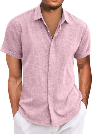 Generic Mens Short Sleeve Shirt Stretch Stain Shield Plain Shirts Regular Fit Business Blouse Casual Smart Button Down T-Shirt,Pink,XL