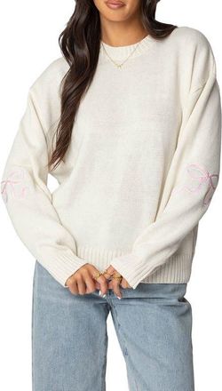 Edikted Rutie Bow Appliqué Crewneck Sweater in White at Nordstrom, Size X-Large