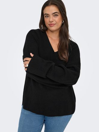 Only Carmakoma V-Ausschnitt-Pullover ONLY CARMAKOMA CARIBI LS RIB LOOSE V-NECK CC KNT, Damen, Gr. S, schwarz, Strick, Obermaterial: 50% Viskose, 27% Nylon, 23% Polye