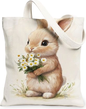 Generic Floral Rabbit Canvas Tote Bags, Cute Bunny Flower Pattern Reusable Grocery Bags, Spring Vintage Lightweight Washable Should, Beige, 13x15 Inch
